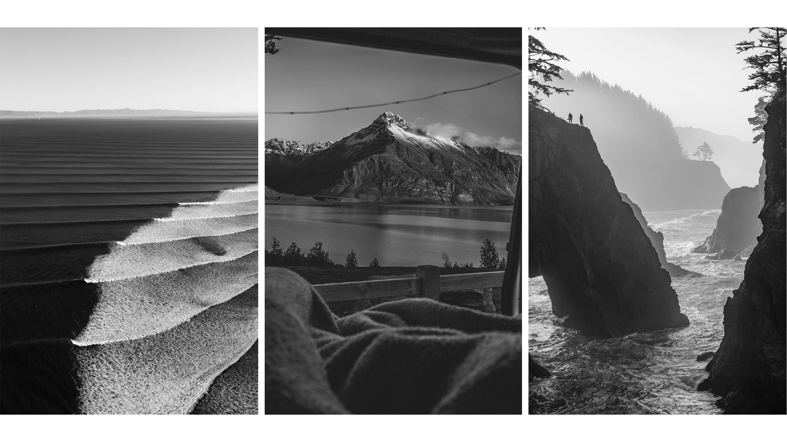 Three outdoor adventure scenes: 1) rows of waves breaking 2) a mountain view from the inside of a camper van 3) a stormy beach as viewed from a forest