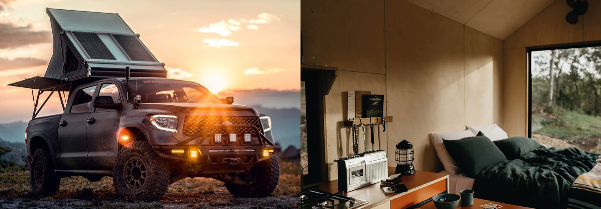 Two images side-by-side of a pickup truck with solar panels installed on the roof and an off-grid cabin interior